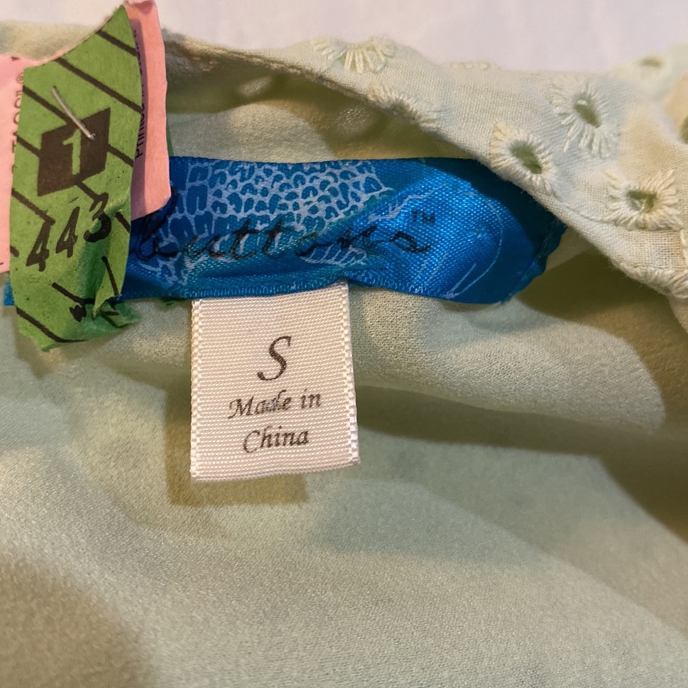 Vintage summer celery cotton eyelet shift dress, S - Picture 4 of 5
